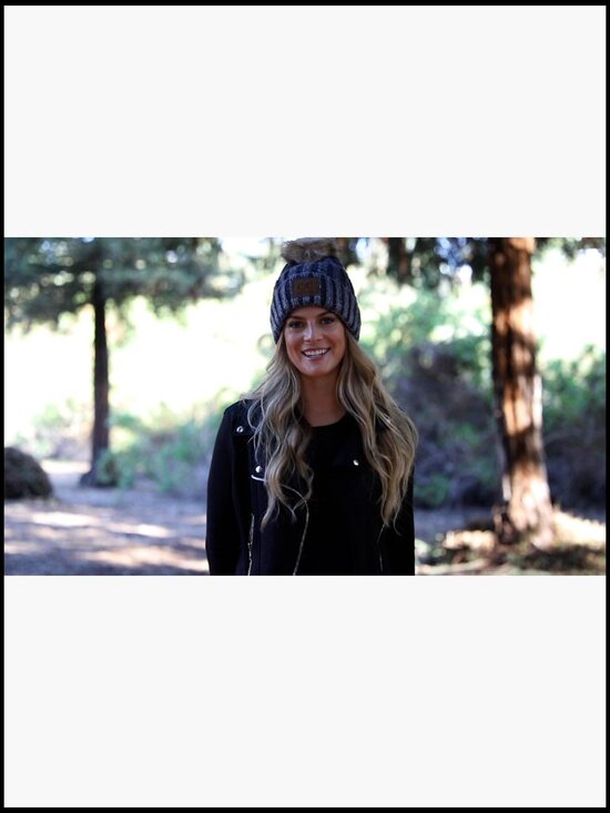 Soft Knit Pom Pom Beanie with Faux Fur Pom, Acrylic Winter Hat